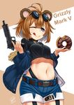  ;q absurdres animal_ears bear_girl brown_hair commentary_request doughnut eyewear_on_head food food_on_face girls_frontline grizzly_mkv grizzly_mkv_(girls_frontline) gun handgun highres jacket jpc midriff navel one_eye_closed pistol short_hair shorts solo sunglasses tongue tongue_out trigger_discipline weapon younger 