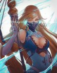  1girl armpit_peek artist_name bangs bare_shoulders black_dress blonde_hair blurry breasts bridal_gauntlets cleavage cleavage_cutout commentary covered_mouth dress elbow_gloves elegy_(granblue_fantasy) furrowed_eyebrows gloves glowing granblue_fantasy grey_background holding holding_staff kerchief long_hair looking_at_viewer magic medium_breasts motion_blur one_eye_closed simple_background sleeveless sleeveless_dress solo staff swept_bangs very_long_hair white_gloves yellow_eyes 