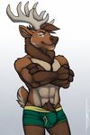  2017 3_fingers abs anthro antlers biceps biped blue_eyes body_hair boxers_(clothing) brown_fur brown_hair brown_tail bulge cervine chest_hair clothed clothing countershade_tail countershade_torso countershading crossed_arms damian_(piercingnightfall) digital_media_(artwork) elk eyebrows front_view fur green_bottomwear green_clothing green_underwear grey_horn hair hi_res hooved_fingers horn looking_at_viewer male mammal multicolored_fur multicolored_tail muscular muscular_male portrait pubes signature smile smirk snout solo standing tan_countershading tan_fur tan_tail three-quarter_portrait topless tsaiwolf two_tone_fur two_tone_tail underwear 