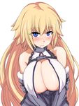  bangs bare_shoulders blonde_hair blue_eyes blush breasts chain cleavage closed_mouth commentary_request eyebrows_visible_through_hair eyes_visible_through_hair fate_(series) gauntlets headpiece highres isemagu jeanne_d'arc_(fate) jeanne_d'arc_(fate)_(all) large_breasts long_hair looking_at_viewer nose_blush revision simple_background solo sweatdrop upper_body v_arms very_long_hair white_background 