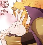  2016 anthro asgore_dreemurr blonde_hair blush boss_monster cape caprine clothing couple_(disambiguation) crown facial_hair female goat hair horn hug long_ears long_horns male mammal rie_(artist) text toriel undertale video_games 