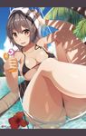  ass beach bikini bikini_tan black_bikini blush breasts brown_eyes brown_hair caustics cleavage collarbone crazy_straw cup curvy day drink drinking_glass drinking_straw flower food fruit hammock hand_on_head hibiscus holding holding_cup jpeg_artifacts knee_up large_breasts letterboxed light_smile looking_at_viewer micro_bikini ocean open_mouth orange orange_slice original outdoors palm_tree perspective samegami short_hair skindentation sky solo sunlight swimsuit tan tanline thighs toromi_(samegami) towel towel_on_head tree tree_shade untied untied_bikini 