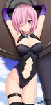  armpits arms_behind_head bare_shoulders black_legwear black_leotard blue_sky blush breasts cleavage cleavage_cutout cloud commentary_request contrapposto cowboy_shot dated day elbow_gloves eyebrows_visible_through_hair eyes_visible_through_hair fate/grand_order fate_(series) gloves groin hair_over_one_eye holding holding_shield leotard looking_at_viewer mash_kyrielight medium_breasts navel parted_lips pink_hair ppshex purple_eyes purple_gloves seductive_smile shield shiny shiny_skin short_hair signature sky smile solo standing stomach thigh_gap thigh_strap thighhighs 