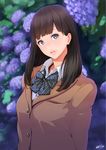  arms_at_sides artist_name bangs blue_eyes blurry breast_pocket brown_hair collared_shirt commentary_request depth_of_field eyebrows_visible_through_hair flower hydrangea long_hair looking_at_viewer nanahime original parted_lips pocket school_uniform shirt signature solo upper_body 