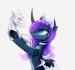  blue_eyes blue_fur claws cosmic_hair dragon duo eastern_dragon equine feathered_wings feathers female feral friendship_is_magic fur hooves horn magnaluna mammal my_little_pony open_mouth princess_luna_(mlp) simple_background smile white_background white_fur winged_unicorn wings 