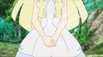 animated animated_gif blonde_hair blush green_eyes lillie_(pokemon) pokemon pokemon_(anime) pokemon_sm pokemon_sm_(anime) stomach_growling white_dress 