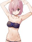  armpits arms_up bandeau bikini black_bikini bow breasts eyebrows_visible_through_hair eyes_visible_through_hair fate/grand_order fate_(series) groin hair_over_one_eye mash_kyrielight medium_breasts navel pink_hair purple_eyes short_hair shoulders shovelwell simple_background smile solo swimsuit white_background 