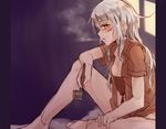  bottomless breasts cleavage commentary facial_scar gangut_(kantai_collection) grey_hair holding holding_pipe hourai_kochou kantai_collection large_breasts naked_shirt no_bra open_mouth orange_eyes panties pipe red_shirt remodel_(kantai_collection) scar scar_on_cheek shirt smoke smoking underwear 