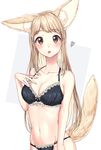  :p animal_ears arm_at_side bangs bare_arms bare_shoulders black_bra black_panties blonde_hair blunt_bangs blush bra breasts cleavage closed_mouth collarbone cowboy_shot extra_ears eyebrows_visible_through_hair fingernails fox_ears fox_tail hand_on_own_chest heart highres lingerie long_hair looking_at_viewer medium_breasts navel original panties purple_eyes standing stomach straight_hair tail tareme tongue tongue_out two-tone_background umeno underwear underwear_only very_long_hair 