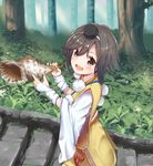  brown_hair commentary commentary_request conch daihouji_(oshiro_project) dargo forest japanese_clothes looking_at_viewer nature oshiro_project oshiro_project_re seashell shell short_hair solo 