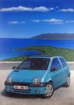  acrylic_paint_(medium) atelier_masaki blue_sky car cloud commentary_request day ground_vehicle highres horizon license_plate motor_vehicle mountain no_humans ocean original outdoors painting_(medium) renault renault_twingo scenery sky traditional_media tree vehicle_focus water 