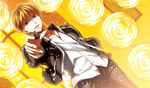  black_jacket black_pants blonde_hair collarbone dutch_angle fate/stay_night fate_(series) gate_of_babylon gilgamesh grin hand_in_pocket jacket looking_at_viewer male_focus nina_(pastime) pants red_eyes shirt smile solo standing white_shirt 