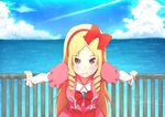  1girl blonde_hair blue_sky bow brown_eyes cloud dress eromanga_sensei female hair_bow hair_ornament horizon long_hair looking_at_viewer ocean red_bow red_hair_bow sky smile solo yamada_elf 