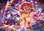  bow bowtie cape clash coat commentary electricity flaming_weapon flying_kick fur_coat galacta_knight galaxia_(sword) hammer hat headband kicking king_dedede kirby kirby:_star_allies kirby_(series) kirby_super_star kirby_super_star_ultra lack lance marx mask meta_knight official_art open_mouth polearm red_coat red_eyes serious shield sword tongue tongue_out weapon wings yellow_eyes 