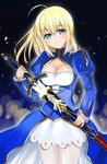  absurdres ahoge artoria_pendragon_(all) blonde_hair blue_eyes breasts cleavage cowboy_shot dress fate/stay_night fate_(series) hair_between_eyes head_tilt highres holding holding_sword holding_weapon long_hair looking_at_viewer medium_breasts saber see-through sheath shiny shiny_skin smile solo sword tate_(donnguriumai) unsheathing weapon 