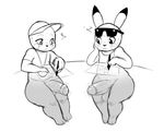  2017 anthro balls big_balls big_penis blush bottomless clothed clothing drawing duo erection eyewear hat looking_at_penis male male/male mammal nintendo penis pikachu pok&eacute;mon simple_background sssonic2 starykrow sunglasses sweat uncut vein video_games white_background 