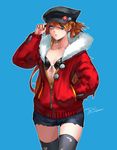  adjusting_clothes adjusting_hat alternate_costume blue_eyes breasts cleavage dreamcatcher eyepatch front-tie_bikini front-tie_top fur-trimmed_jacket fur_trim hand_in_pocket hat jacket long_hair neon_genesis_evangelion partially_unzipped ponytail rebuild_of_evangelion shikinami_asuka_langley skindentation small_breasts solo souryuu_asuka_langley thighhighs torn_clothes torn_legwear 
