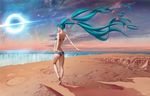  absurdly_long_hair ankle_ribbon aqua_hair back bad_anatomy bandeau bare_back barefoot black_hole_(space) cloud crater desert earrings facing_away floating_hair from_behind full_body hair_ornament hatsune_miku hayden_mackenzie highres horizon interstellar_(movie) jewelry legs long_hair nape ocean outstretched_arms ribbon shadow signature sky solo standing standing_on_one_leg star star_(sky) star_earrings star_hair_ornament starry_sky strapless sunlight surreal tiptoes twintails very_long_hair vocaloid water waterfall wind wind_lift 