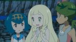  3girls blonde_hair blue_hair blush finger_twiddling green_hair lillie_(pokemon) mao_(pokemon) multiple_girls pokemon pokemon_(anime) pokemon_sm pokemon_sm_(anime) suiren_(pokemon) 