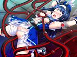  1girl belt blood blue_hair boots breast_grab breasts censored futaba_aoi gloves hat kirisawa_shinji large_breasts nipples rape restrained screaming suspended tears tentacle torn_clothes vaginal virgin vividred_operation 
