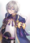  1boy androgynous blue_eyes chinese_clothes commentary fate/grand_order fate_(series) fingerless_gloves gao_changgong_(fate) gloves hair_between_eyes hand_on_own_chest highres looking_at_viewer male_focus open_mouth shirt short_hair silver_hair smile solo white_shirt 