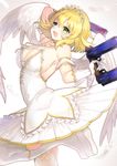  :d angel_wings armpits bare_shoulders blonde_hair blue_eyes blush boots breasts cleavage commentary_request dress dual_wielding from_side gloves green_eyes gun hair_between_eyes heterochromia highres holding holding_gun holding_weapon kirie_nozomi large_breasts looking_at_viewer looking_to_the_side open_mouth ryouna_(senran_kagura) senran_kagura senran_kagura_shinovi_versus short_hair smile solo thighhighs tiara weapon white_dress white_footwear white_gloves white_legwear white_wings wings 