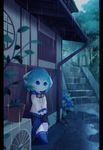  anthro aoino blue_eyes blue_hair canine clothing cub cute detailed_background dog eyewear fur goggles hair hoodie kemono male mammal outside plant potted_plant raining rubber_boots shorts solo stairs umbrella white_fur young 