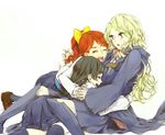  barbara_parker blonde_hair blue_eyes bow commentary crying diana_cavendish group_hug hair_bow hanna_england hug kakmxxxny06 little_witch_academia luna_nova_school_uniform multiple_girls orange_hair simple_background sweatdrop white_background yellow_bow 