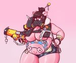  2017 alternate_species anthro big_breasts breasts brown_hair chain clothed clothing eyewear female furrification glasses gradient_background gun hair hairpin hi_res holding_object holding_weapon hook mammal mask meganemausu mei_(overwatch) overwatch overweight overweight_female pig porcine ranged_weapon roadhog_(overwatch) simple_background solo thick_thighs video_games weapon 