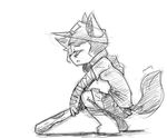  2015 anthro arm_wraps asper_(panzery25) bags_under_eyes baseball_bat black_and_white canine clothed clothing cosplay crouching female fox furgonomics half-closed_eyes hat holding_object inner_ear_fluff mammal monochrome panzery25 scout_(team_fortress_2) side_view signature simple_background solo team_fortress_2 valve video_games white_background wraps 