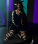 2017 anthro barefoot black_body black_hair blue_bottomwear blue_topwear breasts brown_body cat clothed clothing clothing_lift digital_media_(artwork) dress dress_lift feline female front_view fully_clothed green_eyes hair hi_res inside keera kneeling looking_away lucidsuicide mammal multicolored_body pinup pole pose solo stripper_pole teeth watermark 