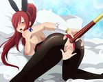  anal animal_ears anus bed blush bracelet breasts bunny_ears bunnysuit clothing erza_scarlet fairy_tail fingering hair_over_one_eye insertion jewelry long_hair looking_at_viewer masturbation nipples pantyhose pillow ponytail pussy queen-zelda red_hair solo sweat tattoo tied_hair vaginal 