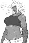  animal_humanoid bra breasts canine clothing cybernetics cyborg dantera_rina female greyscale hair humanoid hutago japanese_text machine mammal monochrome muscular navel pants scar short_hair sports_bra teeth text tired translation_request underwear wolf wolf_humanoid 