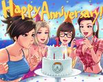 4girls :d ^_^ anniversary blonde_hair blowing blue_eyes breasts brown_hair cake candle casual cleavage collarbone cruiser_d.va d.va_(overwatch) english eyes_closed food freckles front-tie_top glasses hat headphones lipstick makeup mei_(overwatch) mercy_(overwatch) multiple_girls open_mouth outdoors overwatch party_hat ponytail smile tracer_(overwatch) umigraphics 