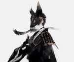  abstract animal_ears armor black_choker black_gloves black_hair character_request choker closed_mouth commentary_request elbow_gloves expressionless fox_boy fox_ears fox_mask from_side gloves gold_trim grey_background japanese_armor japanese_clothes long_sleeves male_focus mask muted_color original partly_fingerless_gloves shoulder_armor simple_background sode solo standing tassel wide_sleeves xdakn 