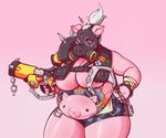  ! 2017 alternate_species anthro big_breasts breasts chain clothed clothing crossgender female furrification gradient_background gun hair hi_res holding_object holding_weapon hook mammal mask meganemausu navel overwatch overweight overweight_female pig porcine ranged_weapon roadhog_(overwatch) simple_background solo thick_thighs video_games weapon white_hair 