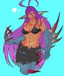  4_fingers abs ahoge bikini blue_scales breasts claws clothing ear_fins ear_piercing facial_scar female fin fish fish_humanoid grin hair humanoid hutago long_hair marine muscular muscular_female navel open_mouth piercing purple_hair red_eyes scales scar sharp_teeth shorts smile swimsuit tattoo teeth 