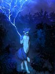 2017 5_fingers angiewolf anthro blue_fur blue_nose canine detailed_background digitigrade dog fur green_eyes lightning male mammal multicolored_fur nude outside raining solo standing two_tone_fur 