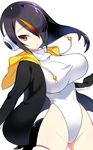  akemaru bangs black_hair breasts brown_eyes commentary_request emperor_penguin_(kemono_friends) hair_over_one_eye headphones highleg highleg_leotard highres hood hoodie kemono_friends large_breasts leotard long_hair multicolored_hair open_clothes open_hoodie open_mouth simple_background solo thighhighs white_background white_legwear white_leotard 