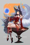  absurdres ahri animal_ears bare_shoulders black_hair breasts character_name cleavage collarbone crossed_legs detached_sleeves energy_ball facial_mark fingernails fox_ears fox_tail highres korean_clothes large_breasts league_of_legends lips long_hair low-tied_long_hair multiple_tails nail_polish sharp_fingernails sitting slit_pupils solo sunset_xi tail very_long_hair whisker_markings yellow_eyes 