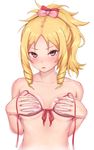  bikini_top blonde_hair blush bow breasts covering covering_breasts drill_hair eromanga_sensei hair_bow looking_at_viewer medium_breasts nigane pink_bow pink_eyes ponytail red_bow short_hair simple_background solo striped_bikini_top twin_drills white_background yamada_elf 