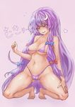  bangs bare_shoulders barefoot bikini blue_bow bow breasts cleavage collarbone crescent crescent_hair_ornament hair_bow hair_ornament heart highleg highleg_bikini highres joker_(stjoker) long_hair medium_breasts micro_bikini mukyuu nail_polish navel patchouli_knowledge purple_bikini purple_eyes purple_hair purple_nails red_bow solo squatting stomach striped striped_bikini swimsuit touhou translated very_long_hair 