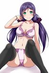  aqua_eyes black_legwear blush bra breasts commentary_request hair_tie hand_in_hair highres lace lace-trimmed_bra lace-trimmed_panties large_breasts long_hair looking_at_viewer love_live! love_live!_school_idol_project navel panties purple_hair purple_scrunchie scrunchie sitting smile solo spread_legs stomach thighhighs toujou_nozomi twintails underwear underwear_only white_background wristband yopparai_oni 