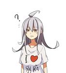  ? ahoge breasts clothes_writing commentary_request facial_scar gangut_(kantai_collection) kagami_(kagamina) kantai_collection large_breasts long_hair looking_at_viewer red_eyes scar scar_on_cheek shirt solo translated white_background white_shirt 