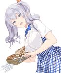  alternate_costume artist_name blue_eyes bread breasts collared_shirt food hair_between_eyes kantai_collection kashima_(kantai_collection) koubeya_uniform large_breasts leaning_forward open_mouth rokuwata_tomoe shirt signature silver_hair simple_background solo tongs tsurime twintails twitter_username upper_body wavy_hair white_shirt 