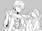  1girl cape closed_eyes couple dancing fire_emblem fire_emblem:_kakusei fire_emblem_heroes gloves greyscale hood long_hair lucina male_my_unit_(fire_emblem:_kakusei) monochrome my_unit_(fire_emblem:_kakusei) sayoyonsayoyo short_hair smile 