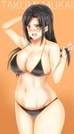  bikini black_bikini black_hair blush breasts character_name cleavage commentary_request embarrassed hand_on_own_head highres holding holding_hair idolmaster idolmaster_cinderella_girls large_breasts long_hair mukai_takumi open_mouth solo swimsuit thick_thighs thighs wet yamada_naoko_(hideko1227) yellow_eyes 
