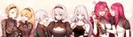  6+girls :d blonde_hair blush bottle bracelet breasts cleavage cleavage_cutout devola flower hair_between_eyes hair_flower hair_ornament headband highres jewelry long_hair medium_breasts mole mole_under_mouth multiple_girls nier_(series) nier_automata ninto open_mouth operator_21o operator_6o popola red_hair rose sake_bottle siblings sisters smile twins yorha_no._2_type_b yorha_no._9_type_s yorha_type_a_no._2 