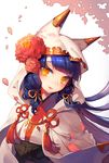  animal_hood bangs blue_hair blunt_bangs closed_mouth dress eyebrows_visible_through_hair flower fox_hood glint hair_flower hair_ornament hair_tie head_tilt highres hood japanese_clothes kimono light_smile long_hair looking_at_viewer low_twintails mulalang original petals solo tassel twintails upper_body very_long_hair white_dress white_kimono yellow_eyes 