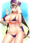 beads bikini black_hair blue_bikini blush breasts cameltoe covered_nipples doyouwantto earrings fate/grand_order fate_(series) hair_ornament hat jewelry large_breasts long_hair looking_at_viewer navel necklace prayer_beads purple_eyes simple_background smile solo staff swimsuit xuanzang_(fate/grand_order) 